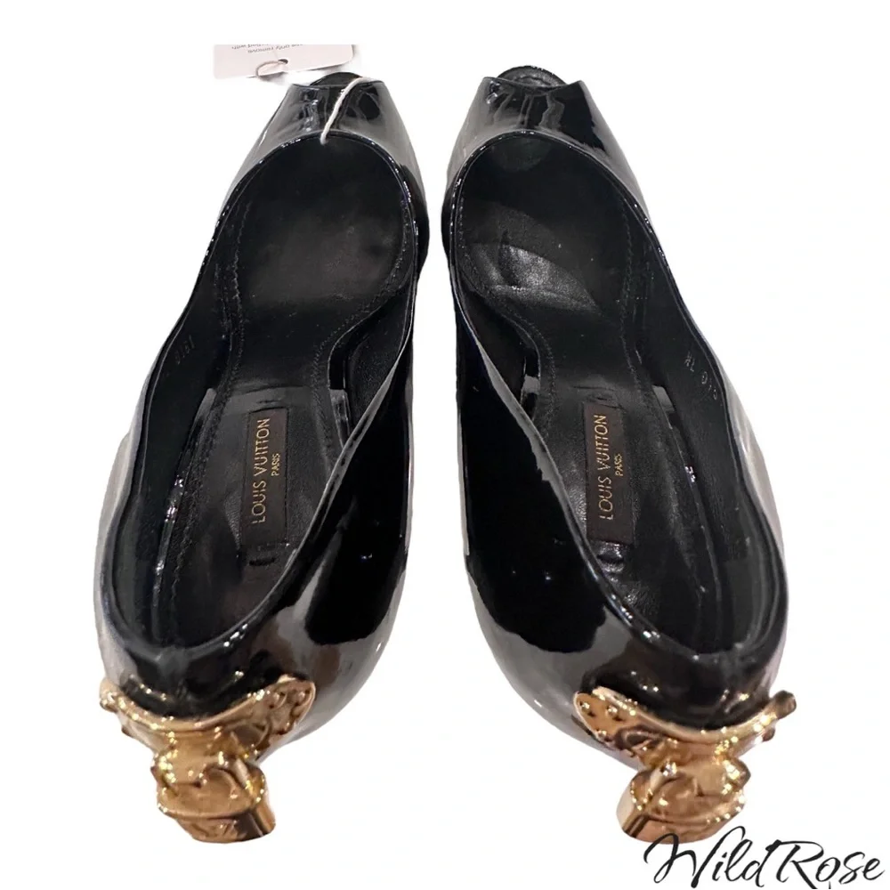 LOUIS VUITTON LV Gold Padlock Black Patent Oh Really Platform Peep Toe Pumps 38 - Picture 6 of 17